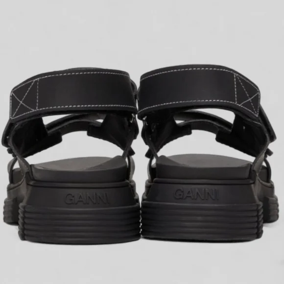 NWT GANNI Recycled Rubber Chunky Logo Platform Black Sandals Flatform Lugged - Picture 13 of 15